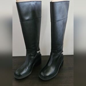 Michael Kors Black Leather Tall Boots With Silver MK Chain Size 6WS